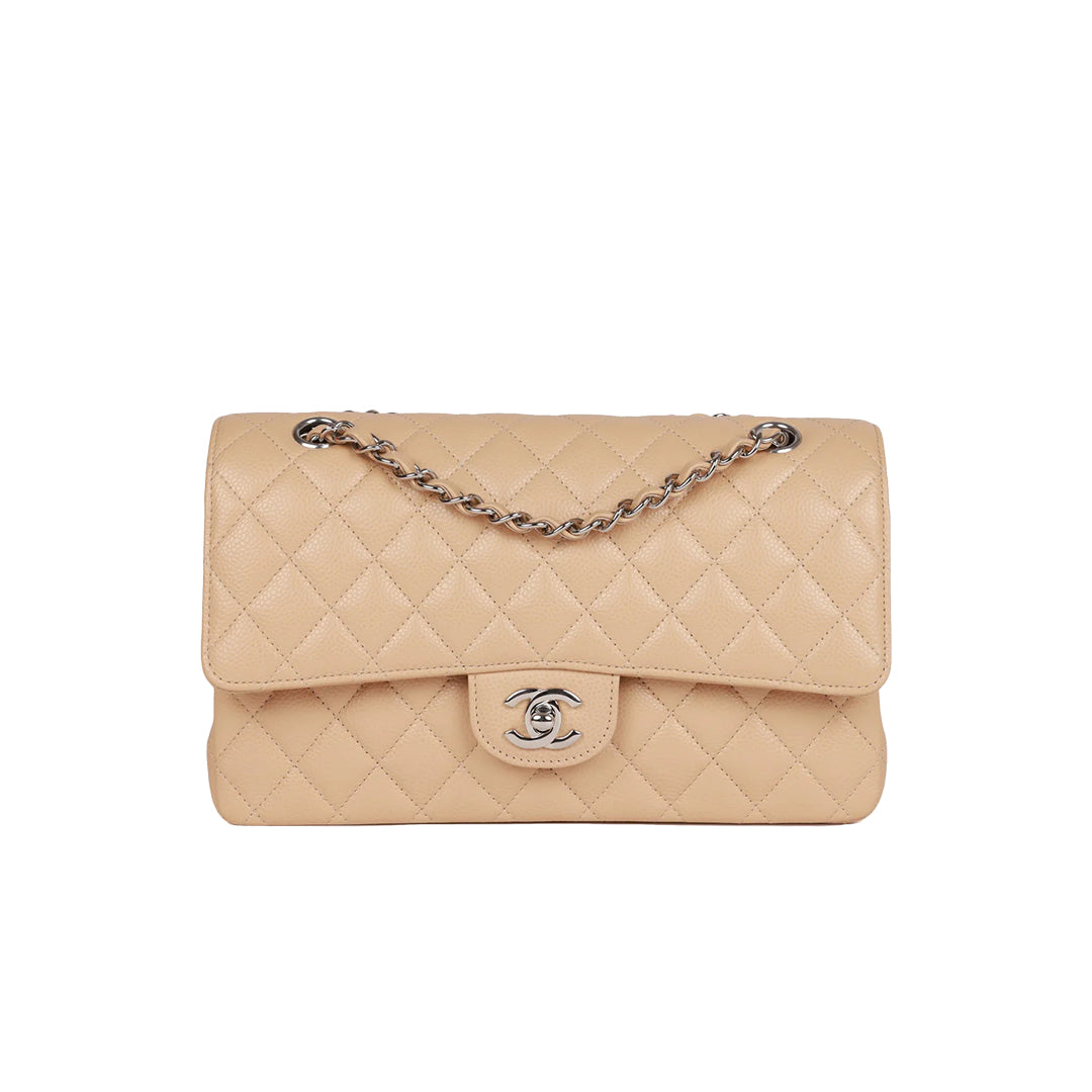 Medium Classic Double Flat Beige Quilted Caviar Leather